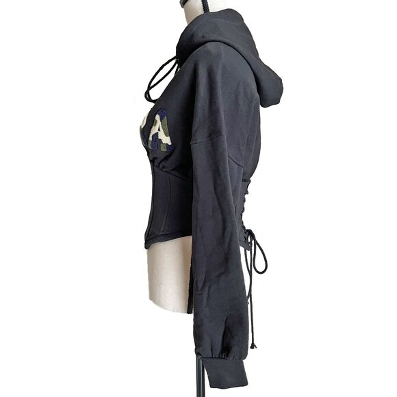 AKIRA Corset Sweatshirt Hoodie Black Tufted Applique Trim Size Small - Picture 7 of 9